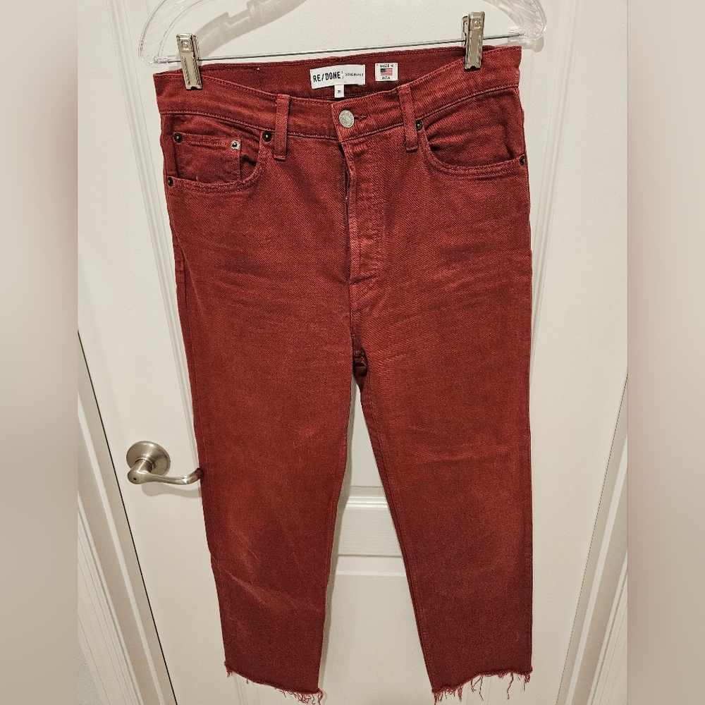 RE/DONE Originals Cropped Brick Red Raw Hem Jeans Made USA Sz 28